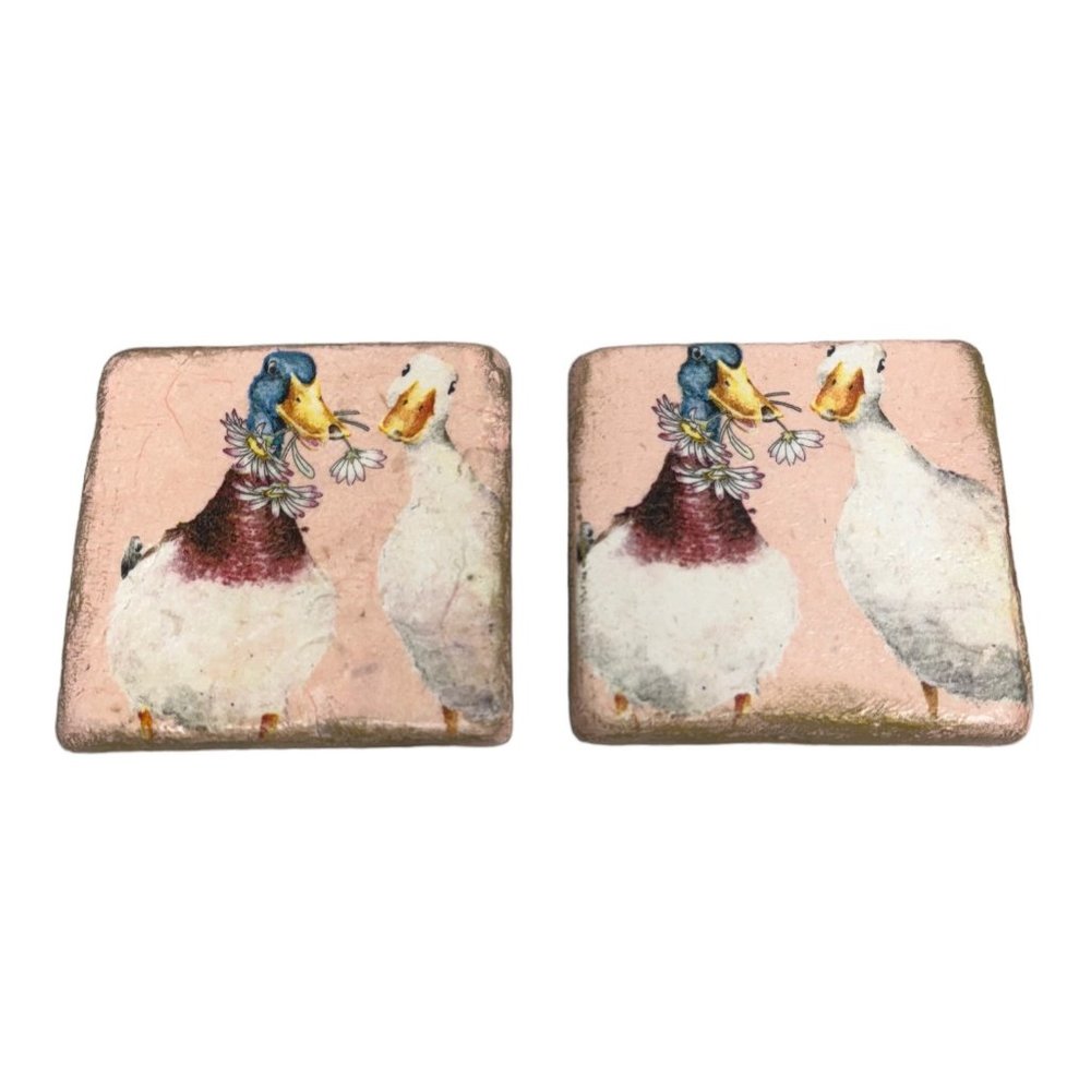 Artisan Upcycled Ducks Stone Coasters Hand Painted & Decoupaged Ducks in Love